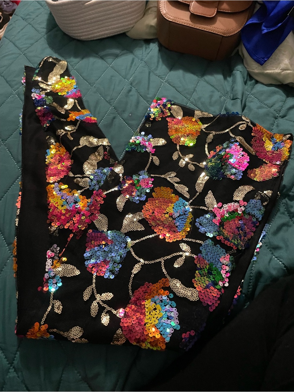 Sequin Floral Wrap Scarf - Black with Multicolor Sequins